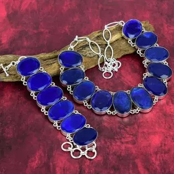 Ювелирные изделия из бирманского синего сапфира, комплект ювелирных изделий из браслета и ожерелья из стерлингового серебра 925 пробы, великолепные украшения ручной работы из сапфира для нее Adjustable With 8 -18 синий