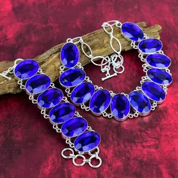 Ювелирные изделия из браслета и ожерелья с граненым танзанитом, комплект ювелирных изделий из стерлингового серебра 925 пробы, великолепные украшения из драгоценных камней ручной работы для свадебного подарка Adjustable With 8 -18 синий