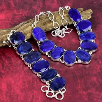 Ювелирные изделия из браслета и ожерелья с бирманским синим сапфиром, AAA + драгоценный камень, ювелирные изделия из стерлингового серебра 925 пробы, ювелирные изделия с сапфиром ручной работы, женский специальный подарок Adjustable With 8 -18 синий