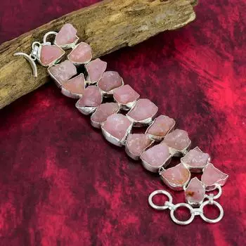 Ювелирные изделия из браслета из грубого розового кварца, браслет из драгоценных камней, ювелирные изделия из стерлингового серебра 925 пробы, уникальная форма регулируемого браслета ручной работы, ювелирные изделия для любви 8 Inches With Adjustable розо