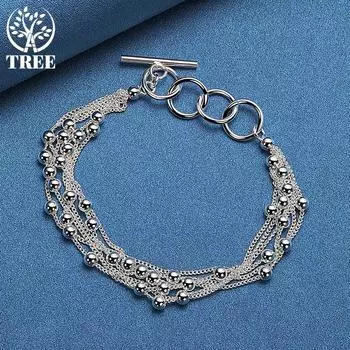 Ювелирные изделия из браслета из стерлингового серебра 925 пробы с гладкими бусинами и несколькими цепочками 20cm