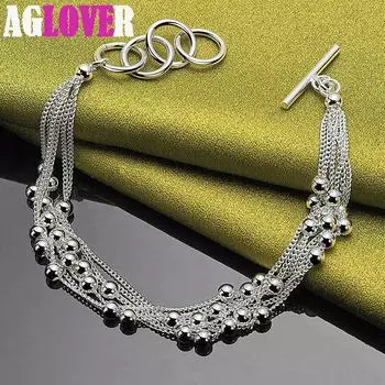 Ювелирные изделия из браслета из стерлингового серебра 925 пробы с гладкими бусинами и несколькими цепочками 20cm