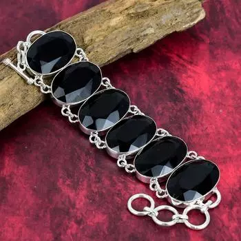 Ювелирные изделия из браслета с граненой черной шпинелью, Ювелирные изделия из чистого серебра 925 пробы ручной работы, Красивый браслет из шпинели, Изящный браслет, Ювелирный подарок для любви 8 Inches With Adjustable чёрный