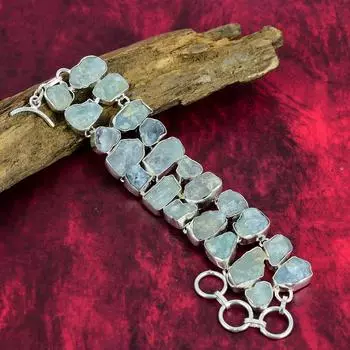 Ювелирные изделия из браслета с грубым аквамарином, ювелирные изделия ручной работы из стерлингового серебра 925 пробы, красивый браслет-цепочка с грубыми драгоценными камнями для женщин 8 Inches With Adjustable синий