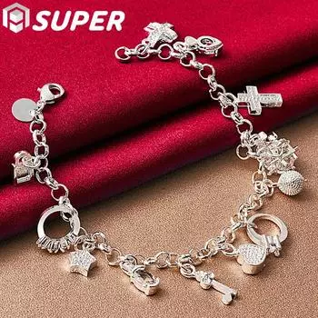 Ювелирные изделия из браслета с крестом и замком в виде луны и сердца из стерлингового серебра 925 пробы 20cm