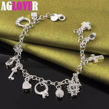 Ювелирные изделия из браслета с крестом и замком в виде луны и сердца из стерлингового серебра 925 пробы 20cm