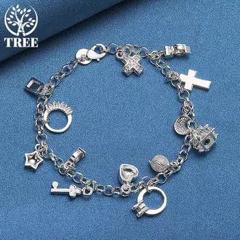 Ювелирные изделия из браслета с крестом и замком в виде луны и сердца из стерлингового серебра 925 пробы 20cm