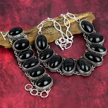 Ювелирные изделия из черного обсидиана, ювелирные изделия ручной работы из стерлингового серебра 925 пробы, уникальный комплект ювелирных изделий для женщин с браслетом и ожерельем Adjustable With 8 -18 чёрный