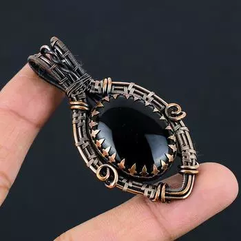 Ювелирные изделия из черного оникса, подвеска ручной работы из чистой медной проволоки, обернутая драгоценными камнями 2.76 Inches чёрный