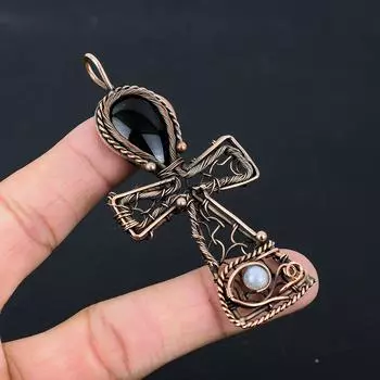 Ювелирные изделия из черного оникса с драгоценными камнями, кулон из чистой медной проволоки, завернутый в кулон Анк ручной работы