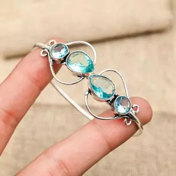 Ювелирные изделия из чистого серебра 925 пробы ручной работы с синим топазом, красивые манжеты, регулируемые для нее