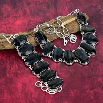 Ювелирные изделия из драгоценного камня «Голубой тигровый глаз», ювелирные изделия из стерлингового серебра 925 пробы, комплект ювелирных изделий из браслета и ожерелья ручной работы, серебряный подарок для женщин Adjustable With 8 -18 синий