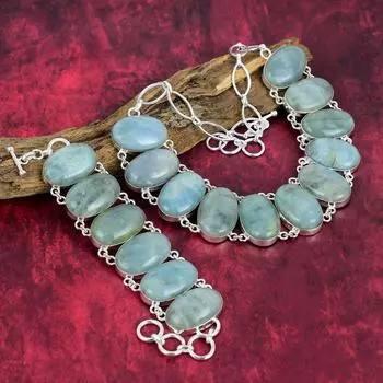 Ювелирные изделия из драгоценных камней аквамарина, браслет и ожерелье из стерлингового серебра 925 пробы, комплект ювелирных изделий для женщин, комплект ювелирных изделий ручной работы для свадебного подарка Adjustable With 8 -18 синий