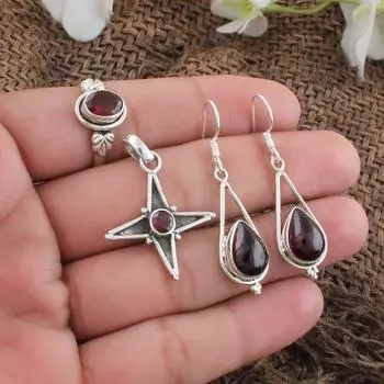 Ювелирные изделия из драгоценных камней граната, женский комплект ювелирных изделий, кольцо, серьги, кулон, уникальный подарок, серебряные ювелирные украшения, серебро 925 пробы 6 Ring Size