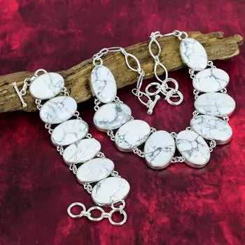 Ювелирные изделия из драгоценных камней из говлита, браслет и комплект ювелирных изделий из стерлингового серебра 925 пробы, ожерелье ручной работы, регулируемый комплект цепочек, подарок для матери Adjustable With 8 -18 белый