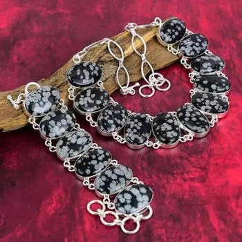 Ювелирные изделия из драгоценных камней из обсидиана в виде снежинки, браслет и ожерелье из стерлингового серебра 925 пробы, комплект украшений из обсидиана, ослепительные украшения ручной работы для любви Adjustable With 8 -18 чёрный