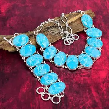 Ювелирные изделия из драгоценных камней Ларимар, браслет и ожерелье из стерлингового серебра 925 пробы, удивительный комплект ювелирных изделий ручной работы, ювелирный подарок для мамы Adjustable With 8 -18 синий