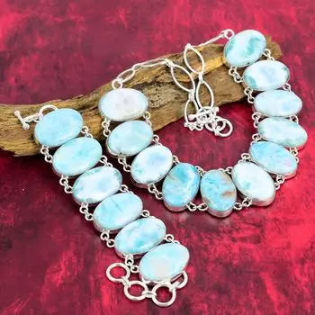 Ювелирные изделия из драгоценных камней Ларимар, комплект ювелирных изделий из стерлингового серебра 925 пробы, ювелирные изделия из ожерелья и браслета ручной работы, комплект ювелирных изделий с регулируемой цепочкой для нее Adjustable With 8 -18 синий