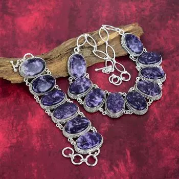 Ювелирные изделия из драгоценных камней лепидолит, комплект ювелирных изделий из стерлингового серебра 925 пробы, комплект ювелирных изделий из ожерелья и браслета, удивительный дизайнерский комплект ювелирных изделий ручной работы для подарка Adjustable