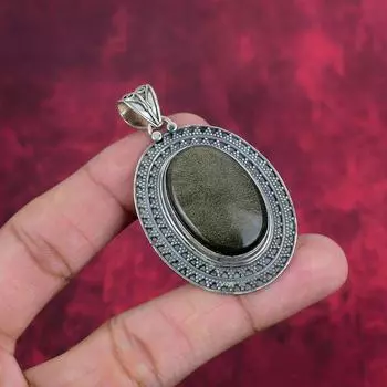 Ювелирные изделия из драгоценных камней обсидиана с серебряным блеском, подвеска из цельного серебра 925 пробы для нее, великолепная подвеска ручной работы для любви 2.28 Inches зелёный