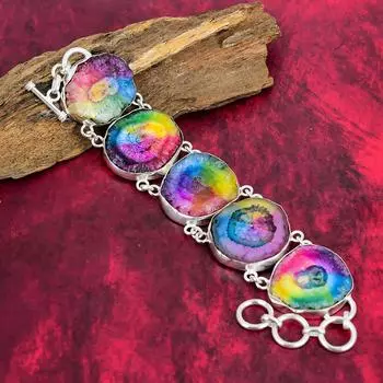 Ювелирные изделия из драгоценных камней Rainbow Solar Druzy, Ювелирные изделия из стерлингового серебра 925 пробы, Браслет ручной работы, Подарок для любви, Ювелирные изделия Druzy 8 Inches With Adjustable разноцветный