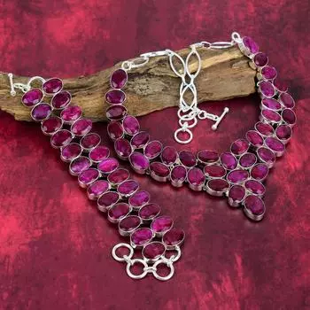 Ювелирные изделия из драгоценных камней с красным рубином, созданные в лаборатории, ювелирные изделия ручной работы из цельного серебра 925 пробы, комплект ожерелья и браслета для женщин Adjustable With 8 -18 красный