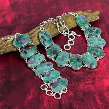 Ювелирные изделия из драгоценных камней с рубином зоизитом, ожерелье и браслет из стерлингового серебра 925 пробы, комплект ювелирных изделий ручной работы с ювелирными цепочками, комплект натуральных украшений для нее Adjustable With 8 -18 зелёный