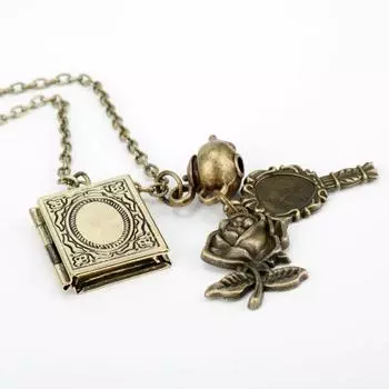 Ювелирные изделия из фильма Волшебный цветок ожерелье Роза Книга Подвеска Его красота/Ее чудовище День Святого Валентина Сказка Викторианский подарок