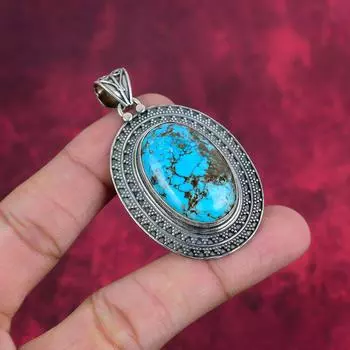 Ювелирные изделия из голубой бирюзы, кулон из цельного серебра 925 пробы, прекрасный подарок на свадьбу, подарок на любовь с драгоценными камнями ручной работы 2.32 Inches синий