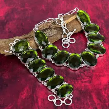 Ювелирные изделия из граненого перидота, комплект ожерелья и браслета из стерлингового серебра 925 пробы, прекрасные украшения ручной работы для любви Adjustable With 8 -18 зелёный