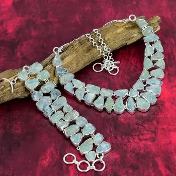 Ювелирные изделия из грубых аквамариновых драгоценных камней, комплект ювелирных изделий из ожерелья и браслета из стерлингового серебра 925 пробы, комплект серебряных украшений ручной работы для нее, великолепные ювелирные изделия Adjustable With 8 -18