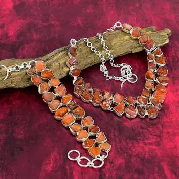 Ювелирные изделия из грубых драгоценных камней из сердолика, комплект браслетов и ожерелья из стерлингового серебра 925 пробы, настоящие антикварные украшения ручной работы для нее Adjustable With 8 -18 оранжевый