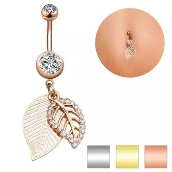 Ювелирные изделия из хирургической стали с висячим листом из циркона, кольцо на животе/пупке, украшения для пирсинга розового золота