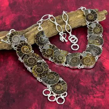 Ювелирные изделия из ископаемого драгоценного камня аммонита, комплект ювелирных изделий из стерлингового серебра 925 пробы, удивительный браслет и ожерелье ручной работы, комплект ювелирных изделий для нее Adjustable With 8 -18 коричневый