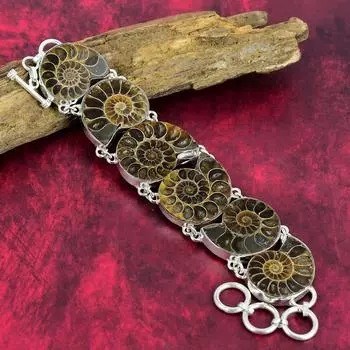 Ювелирные изделия из ископаемого драгоценного камня аммонита, ювелирные изделия из стерлингового серебра 925 пробы, браслет ручной работы с регулируемой цепочкой. Изящные ископаемые украшения для нее. 8 Inches With Adjustable коричневый