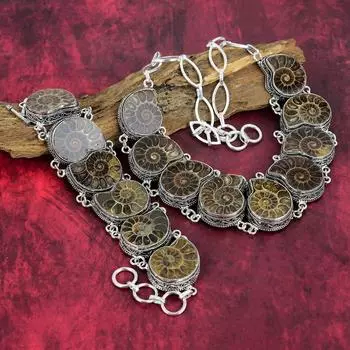 Ювелирные изделия из ископаемого камня аммонита, ювелирные изделия ручной работы из цельного серебра 925 пробы, уникальный комплект украшений для нее из браслета и ожерелья Adjustable With 8 -18 синий