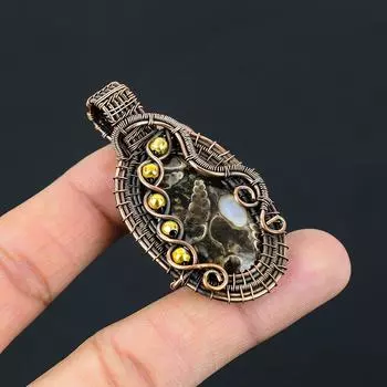 Ювелирные изделия из ископаемых драгоценных камней Turritella из чистой медной проволоки, обернутые кулоном ручной работы 2.36 Inches коричневый