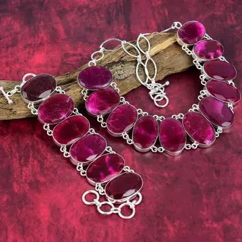 Ювелирные изделия из кашмирского красного рубина, браслет и ожерелье из стерлингового серебра 925 пробы, красивый комплект украшений ручной работы для женщин Adjustable With 8 -18 красный