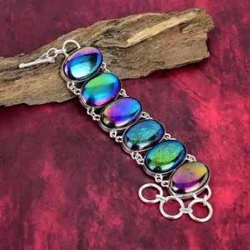 Ювелирные изделия из лабрадорита Aura Flash, Ювелирные изделия-браслет из стерлингового серебра 925 пробы, Ювелирные изделия из лабрадорита ручной работы, Браслет из натурального драгоценного камня для женщин 8 Inches With Adjustable разноцветный