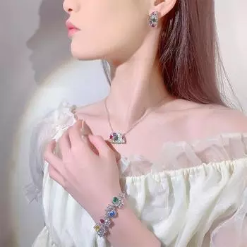 Ювелирные изделия из меди с позолотой, новое цветное сокровище из циркония, кольцо, серьги-гвоздики, браслет, комплект из трех предметов для женщин