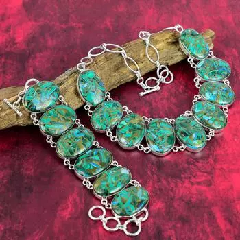 Ювелирные изделия из медного малахита и азурита, комплект ожерелья и браслета из стерлингового серебра 925 пробы, натуральные украшения ручной работы для нее Adjustable With 8 -18 зелёный