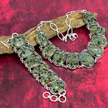 Ювелирные изделия из медного серафинита, комплект ожерелья и браслета из стерлингового серебра 925 пробы, комплект ювелирных изделий из цепочки ручной работы, подарок для девушки Adjustable With 8 -18 зелёный