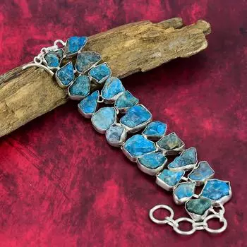 Ювелирные изделия из натурального грубого неонового апатита, ювелирные изделия из чистого серебра 925 пробы ручной работы, ювелирные изделия из апатита, потрясающий браслет-цепочка для нее 8 Inches With Adjustable синий