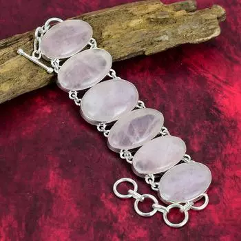 Ювелирные изделия из натурального розового кварца, браслет из стерлингового серебра 925 пробы из розового кварца ручной работы, потрясающие ювелирные изделия овальной формы, подарок на День матери 8 Inches With Adjustable розовый