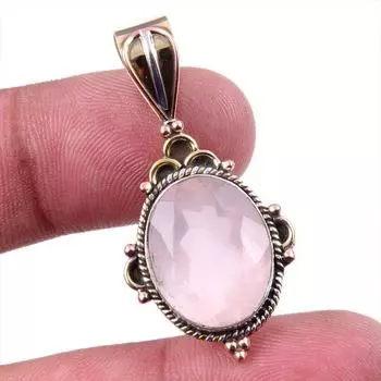 Ювелирные изделия из натурального розового кварца 925 пробы, двухцветный кулон из стерлингового серебра 1,50 дюйма T1w19