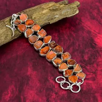 Ювелирные изделия из натурального сердолика, грубый драгоценный камень из твердого серебра 925 пробы, браслет уникальной формы ручной работы для нее 8 Inches With Adjustable оранжевый