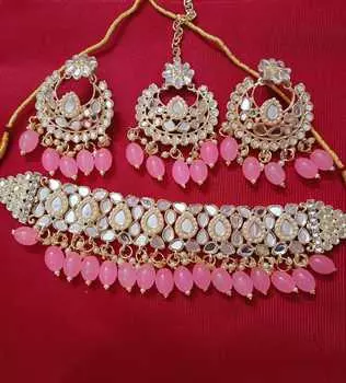 Ювелирные изделия из недрагоценных золотых тонов с жемчугом и камнем с серьгами и тиккой для женщин и девочек Adjustable розовый