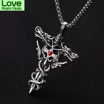 Ювелирные изделия из нержавеющей стали с двойным мечом дракона, ожерелье из титановой стали с подвеской в стиле ретро-панк, крест-транзит, модные мужские аксессуары