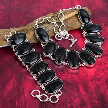Ювелирные изделия из нуммита, ожерелье и браслет из стерлингового серебра 925 пробы, дизайнерский комплект ювелирных изделий, браслет ручной работы для подарка Adjustable With 8 -18 чёрный