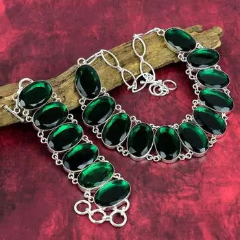 Ювелирные изделия из ограненного хромдиопсида, комплект из ожерелья и браслета из стерлингового серебра 925 пробы для жены, прекрасные ювелирные изделия из диопсида ручной работы для нее Adjustable With 8 -18 зелёный